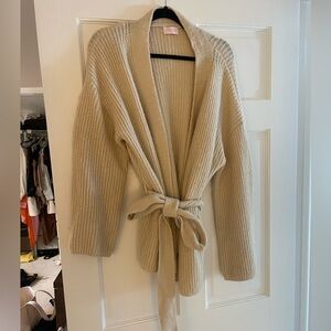 Pink Lily Cream Knit Tie-Waist Cardigan Sweater